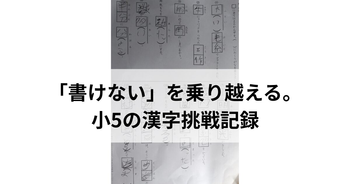 漢字の書き取り練習プリントの画像。鉛筆で書かれた回答がいくつか記入されている。