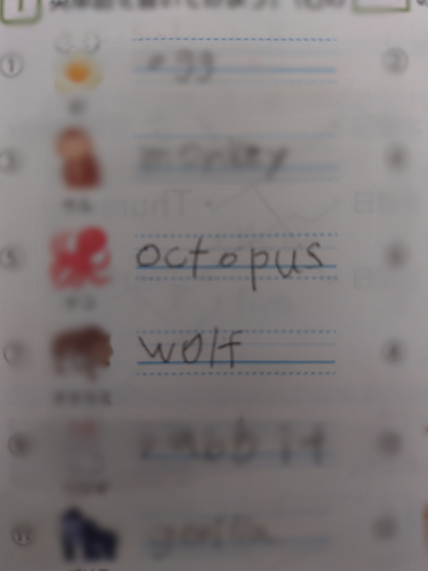 浜島書店のめきめきEnglishより。英単語のページ。wolf、octopusを書いた。