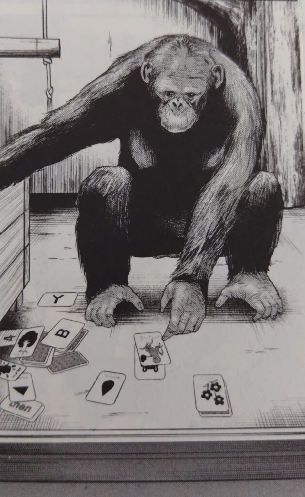 『ダーウィン事変』コミックス1巻より。チャーリーの生物学上の母、エヴァ。出産時に脳にダメージを受け、今は普通のチンパンジーより劣る。