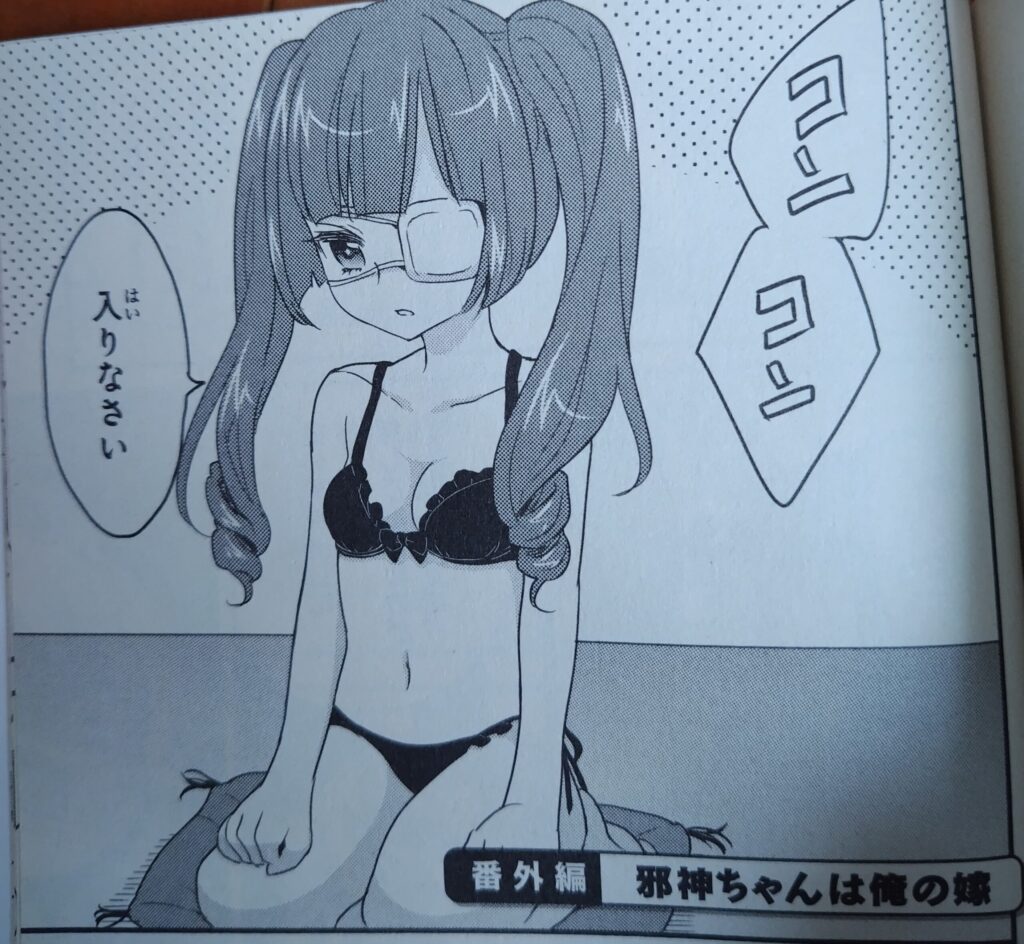 『邪神ちゃんドロップキック』に登場する花園ゆりねが、無表情でこちらを見つめているイラスト。下着姿にならないと入れない部屋、らしい。